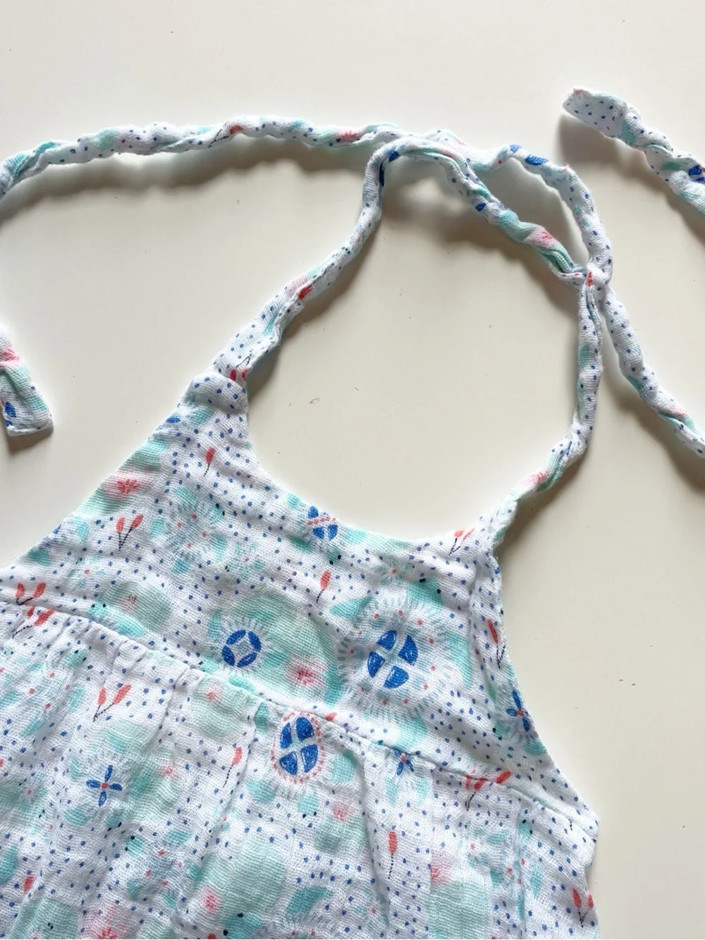Angel Dear Organic White Muslin Halter Romper with Blue and Mint Print | 6-12m